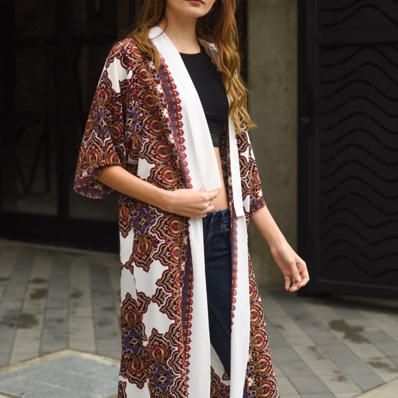 Long Line Moroccan Print Kimono Fall Floral White - Picture 5 of 7